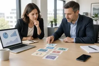 Deux professionnels d’une PME organisent les priorités d’une stratégie de marketing en ligne autour d’un ordinateur portable.